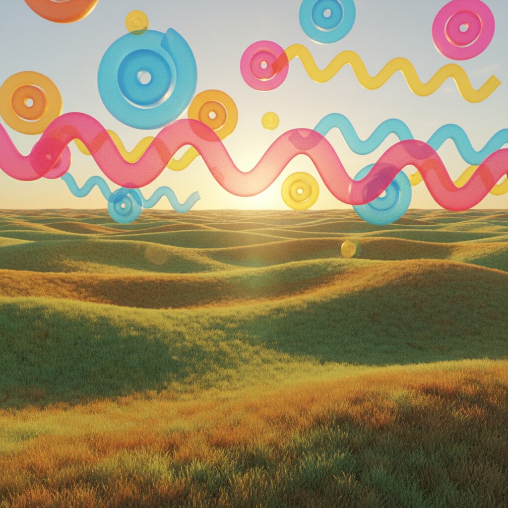 A surreal landscape with rolling hills and floating inflatables in pastel colors.