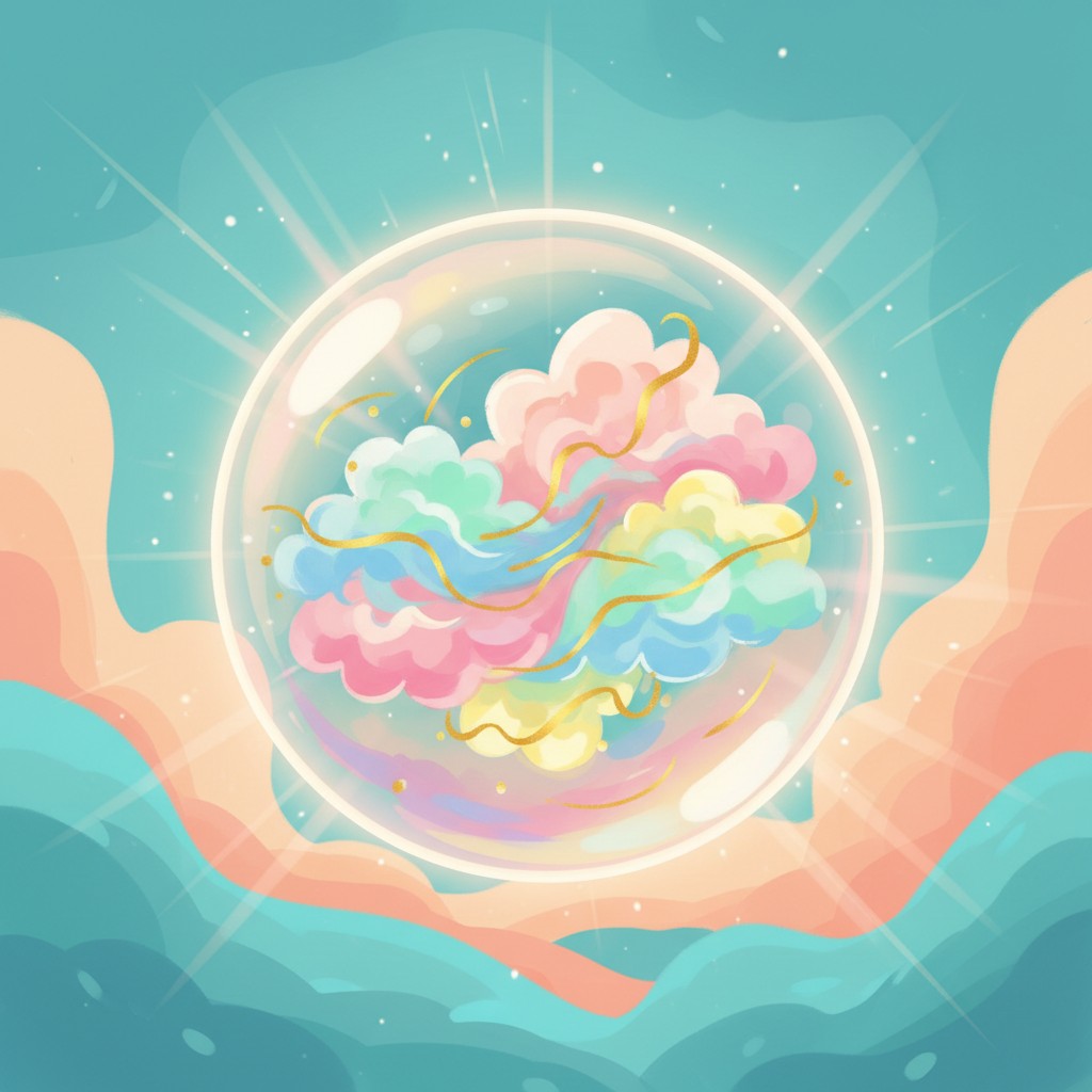 "Two hands holding a crystal ball with a celestial haze around it, resembling a landscape with glowing hills and the sun r...