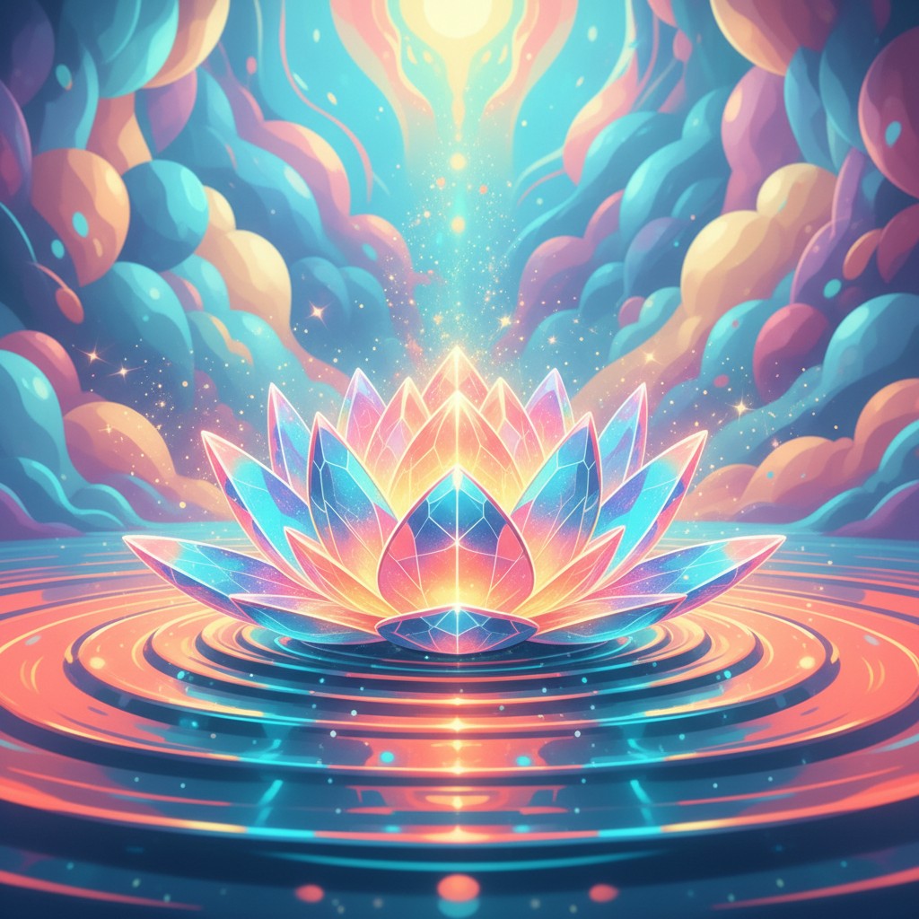 A vibrant and colorful crystal flower rising from the water, surrounded by shiny lights and blue, pink, and purple hues in...