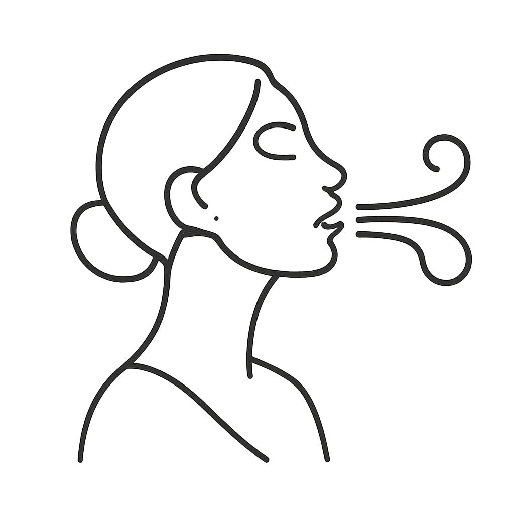 A thin black line drawing of a crouched figure appears to be blowing at an object without a physical formation.